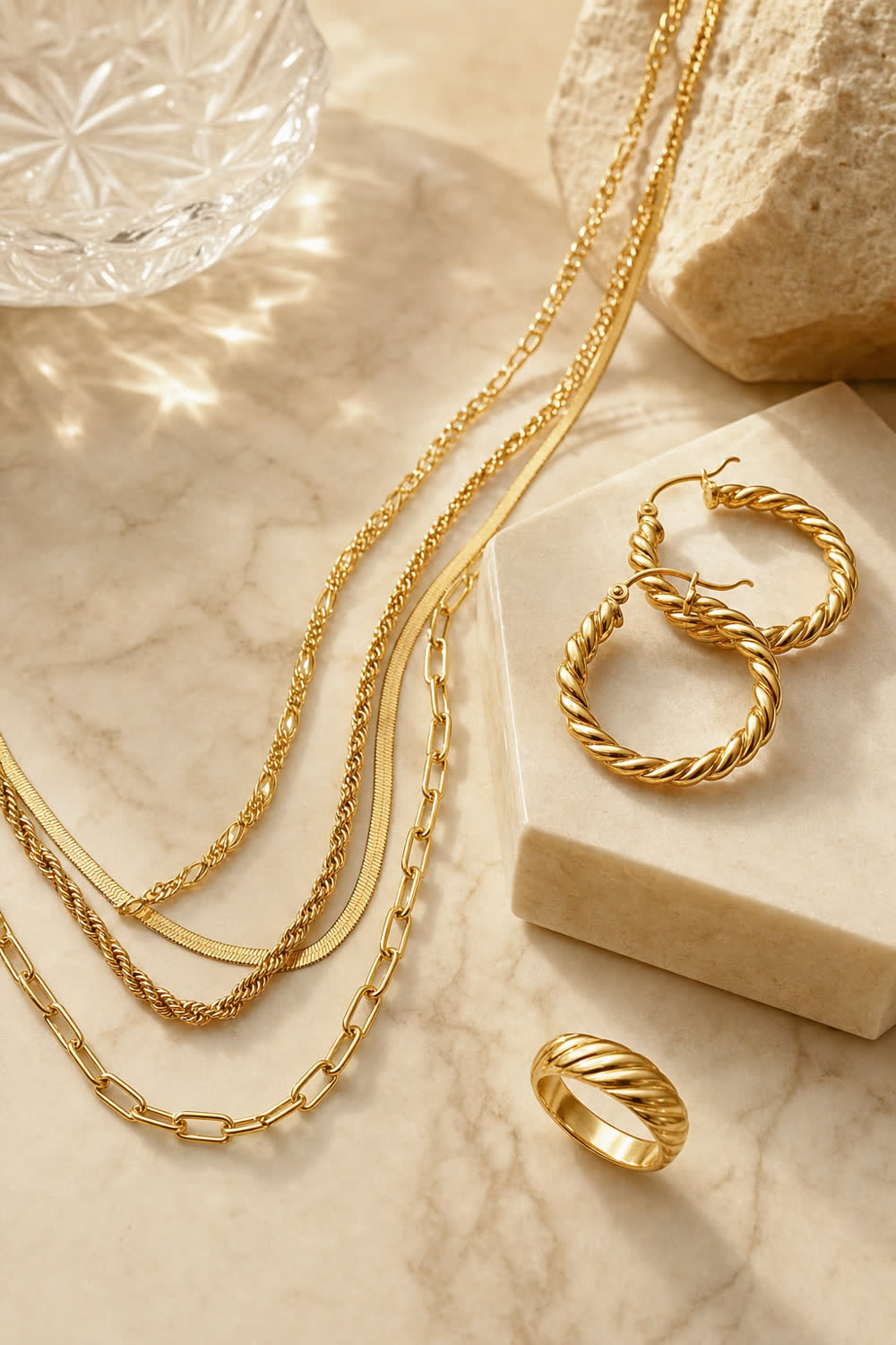 Fine gold jewelry on warm ivory marble