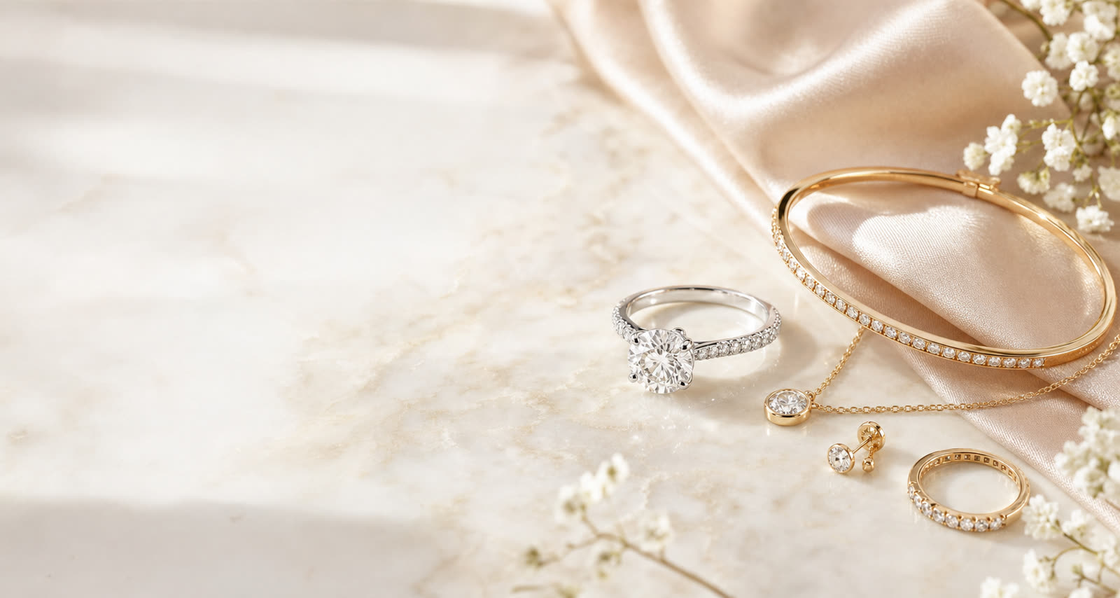 Light luxury fine jewelry with an engagement ring, diamond jewelry, and gold jewelry